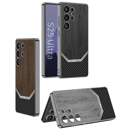 Samsung Galaxy S25 Ultra Wooden Texture Case, Wooden + Carbon Fibre Anti Fingerprint Camera Protection Case - Black