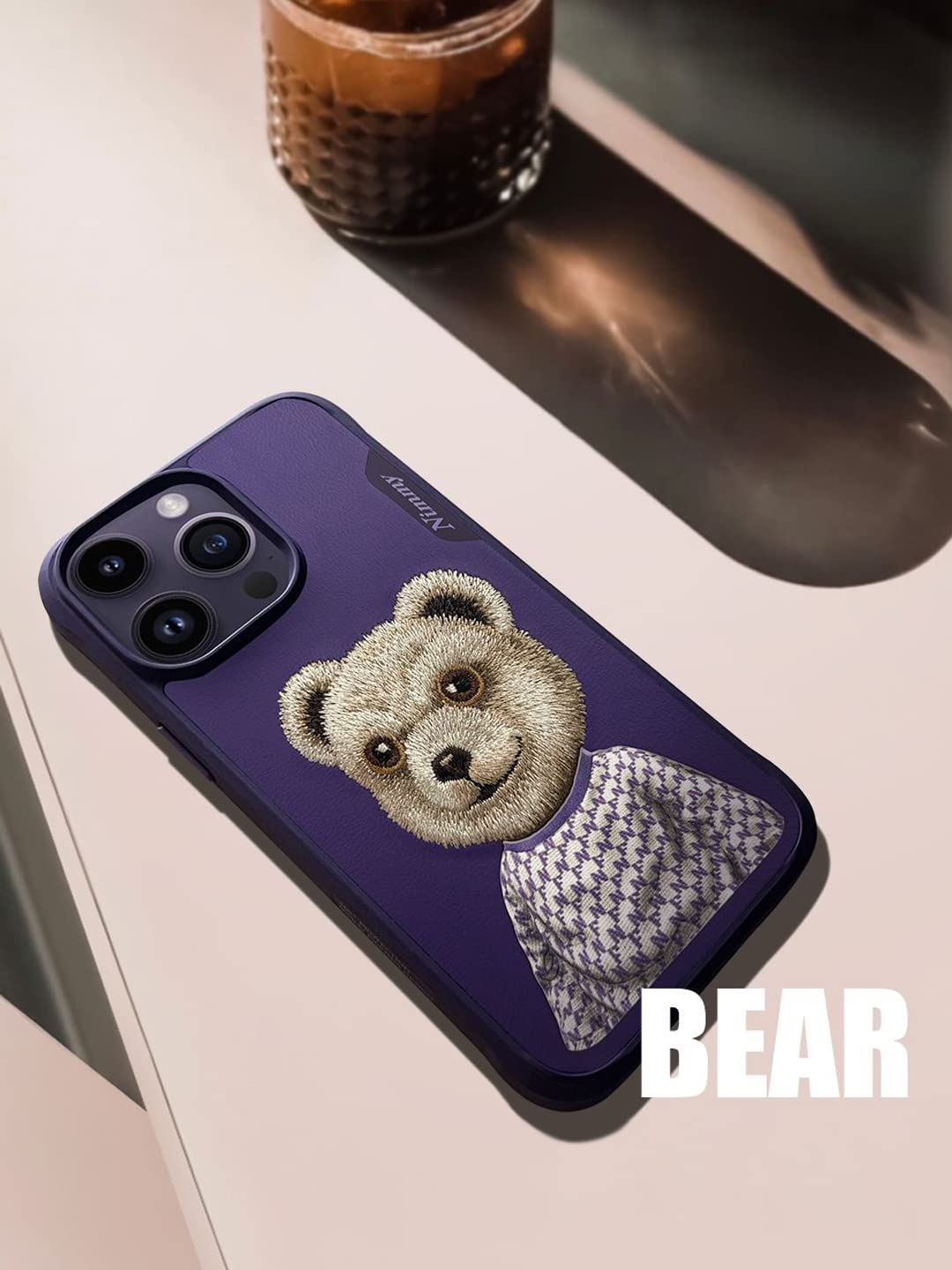 iPhone 15 Nimmy Teddy Embroidery Pet Series Leather Case