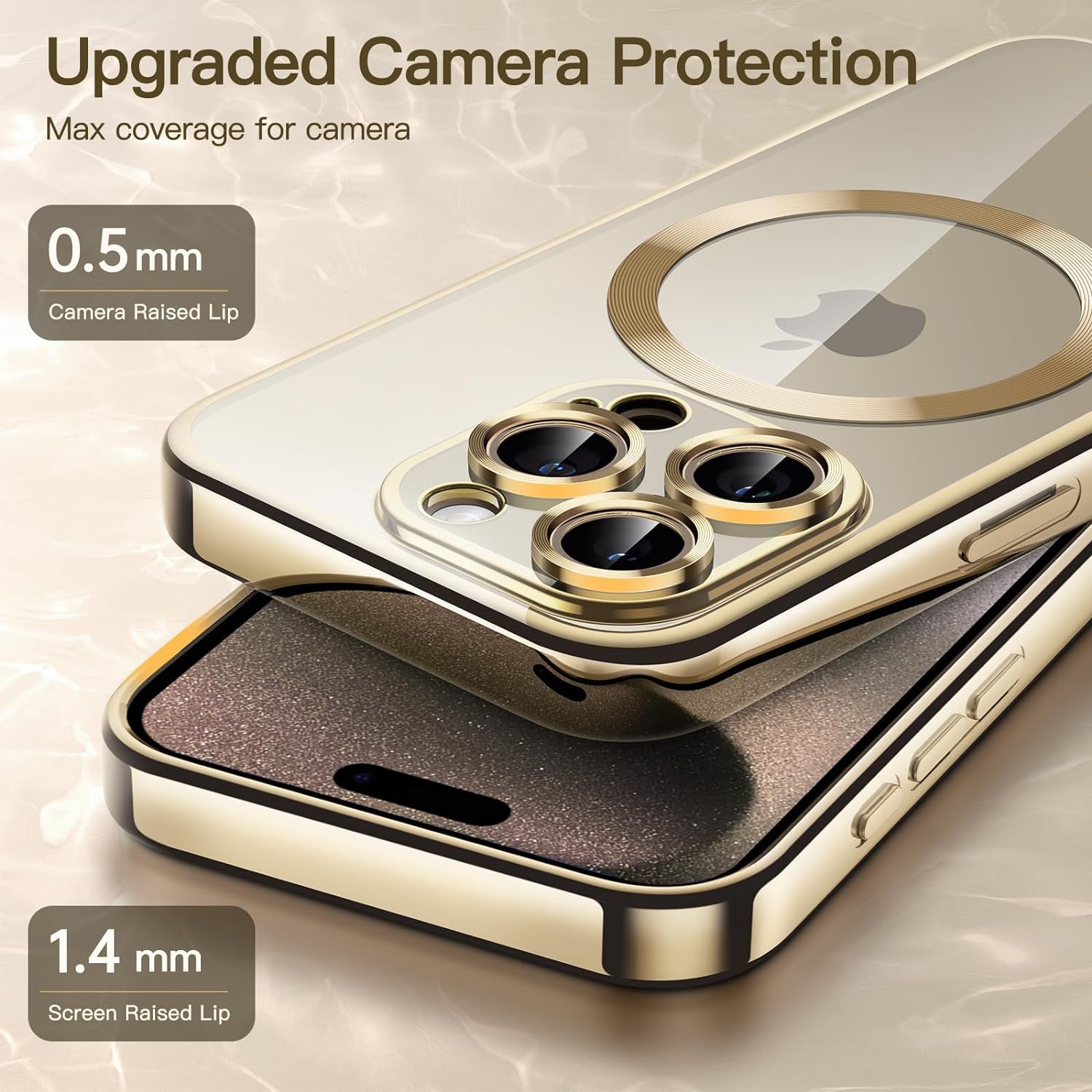 iPhone 15 Pro Max Logo View Electroplating MagSafe Case with Camera Protection - Gold