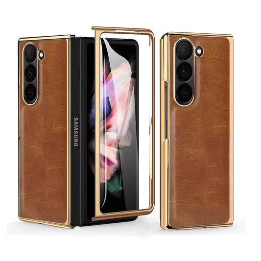 Samsung Galaxy Z Fold 6 Luxury Business Leather Gold Electroplating Case with Built-in Front Glass - Light Brown