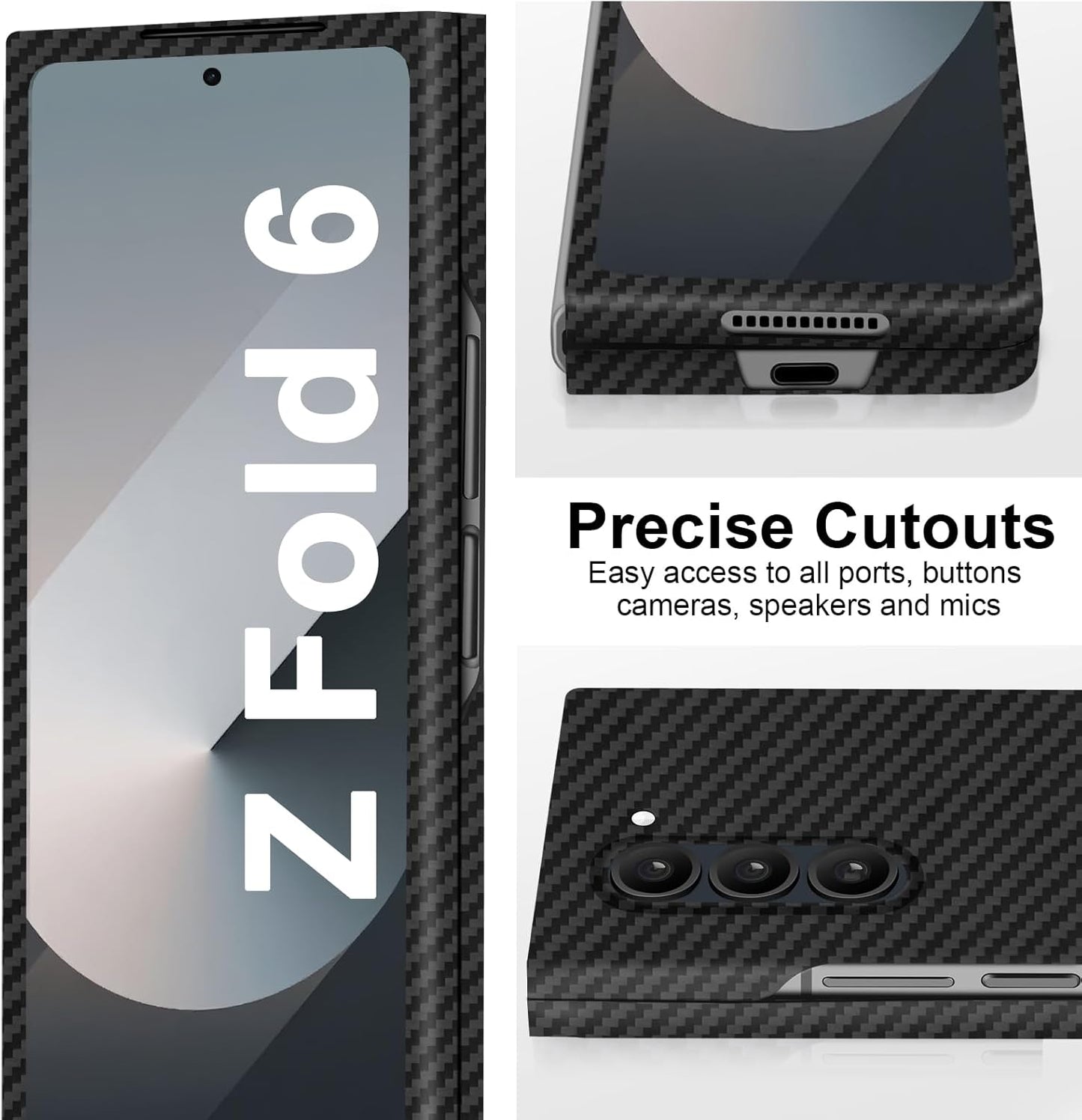 Samsung Galaxy Z Fold6 Carbon Case, 0.8mm Ultra Thin Carbon Fiber Kevlar 1500D Case with Magsafe & Front Glass - Black