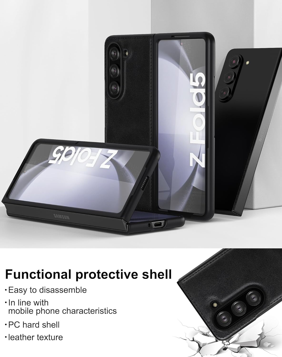 Samsung Galaxy Z Fold 5 Plain Leather Case-Black