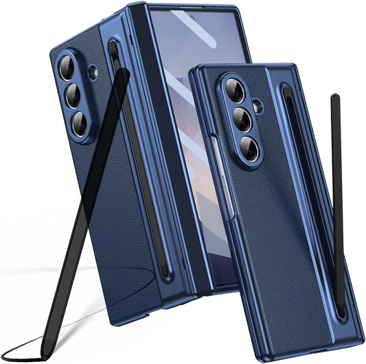 Samsung Galaxy Z Fold7 Leather Case, Electroplating S Pen Case with Kickstand & Hinge Protection - Blue
