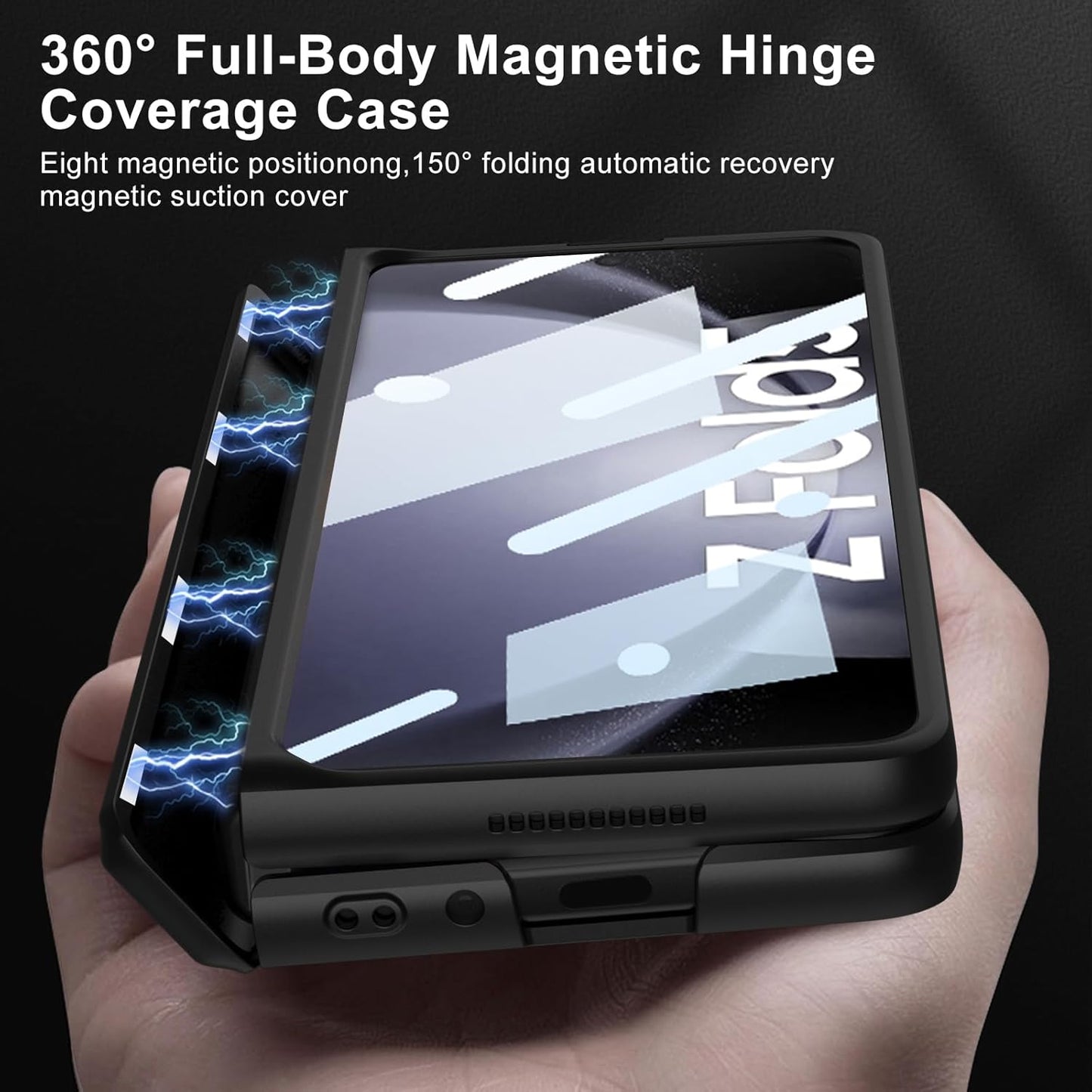 Samsung Galaxy Z Fold 5 Shockproof Hard PC Magnetic Hinge Coverage Kickstand Case with Front Glass - Black