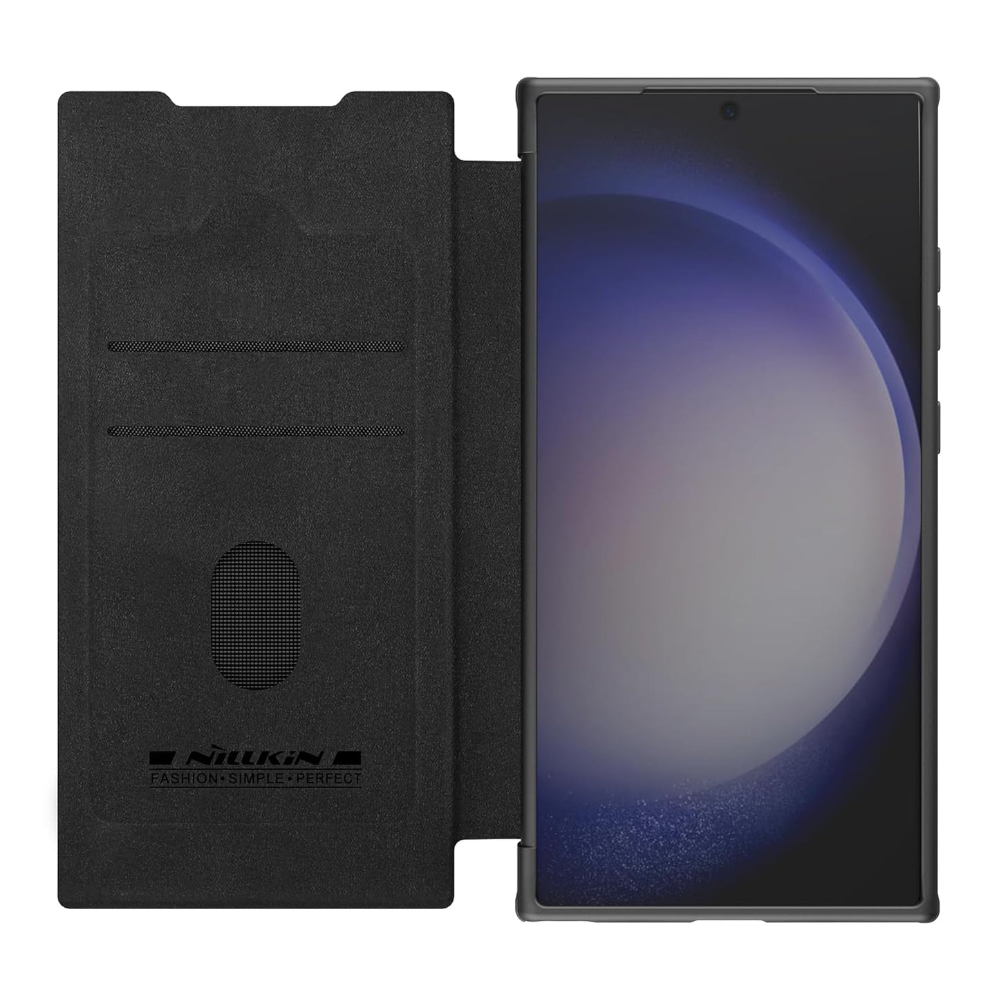 Samsung Galaxy S24 Ultra Cam-Shield Qin Prop Plain Leather Lens Protect + Stand Flip Folio + Card Slot 360 Protect - Black