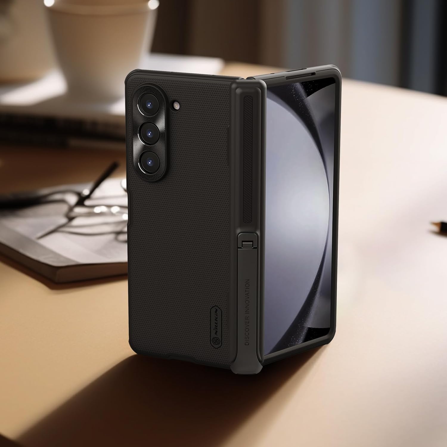 Samsung Galaxy Z Fold5 Nillkin Case,  Hinge Protection, Hidden Kickstand & Metal Camera Lens Protector - Black