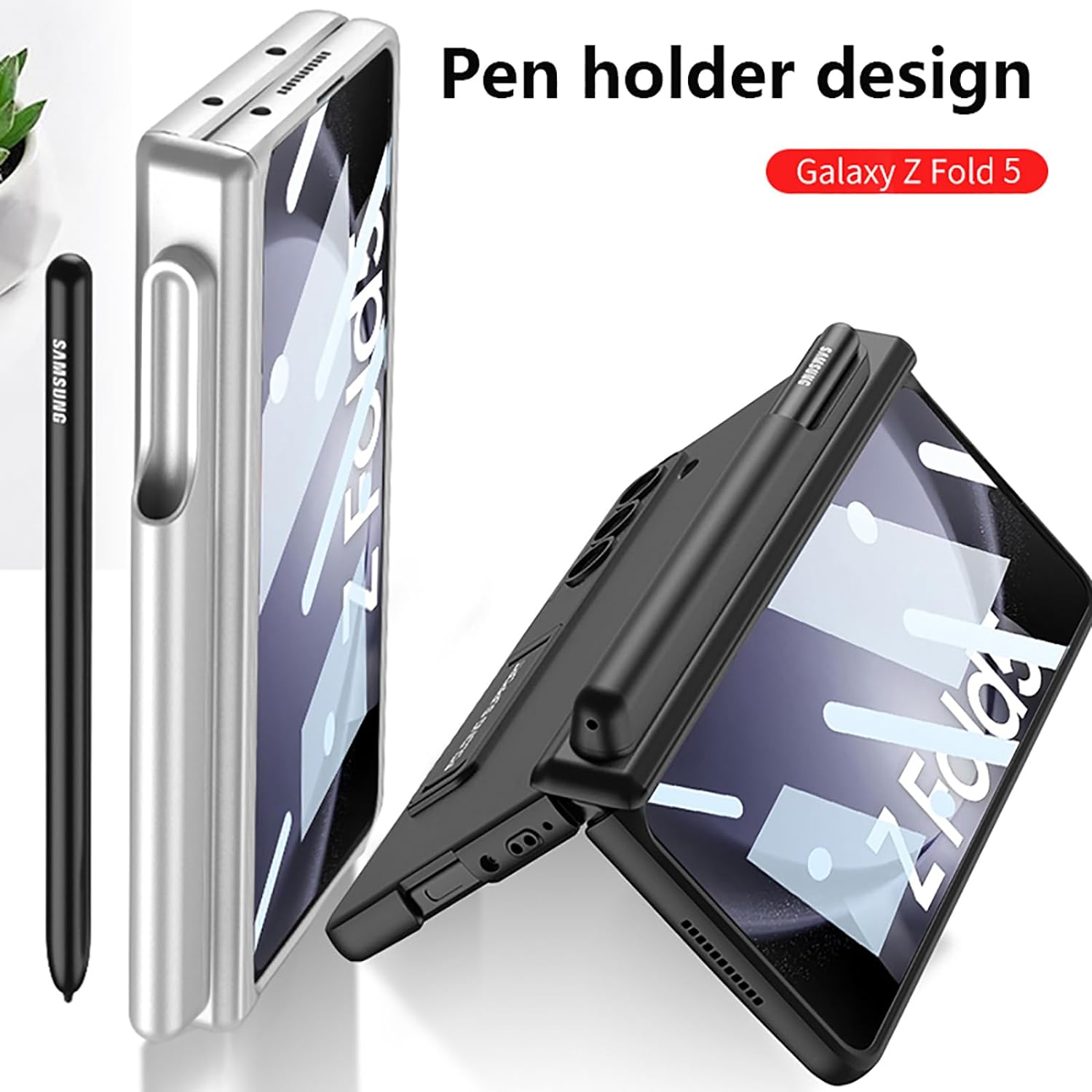 Samsung Galaxy Z Fold 5 Shockproof and Anti-Drop S Pen Holder, Protective Case With Front Glass-Silver