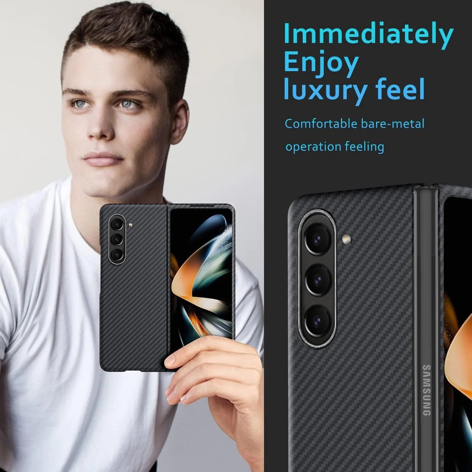 Samsung Galaxy Z Fold5 Carbon Case, 0.6mm Super Slim Dual Shade Carbon Fiber - Black&Red