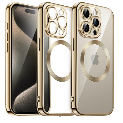 iPhone 15 Pro Max Logo View Electroplating MagSafe Case with Camera Protection - Gold