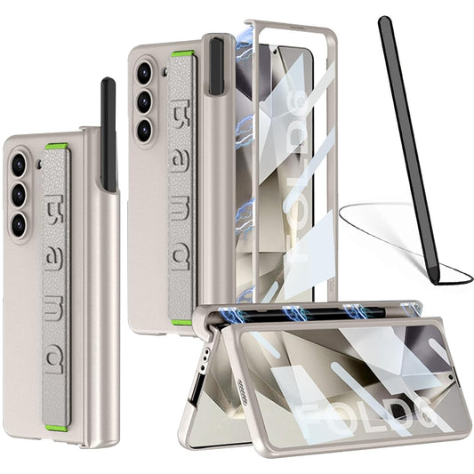 Samsung Galaxy Z Fold 6 PC Hard with S-Pen Slot, Wristband & Built-in Front Glass & Hinge Protection Case - Titanium