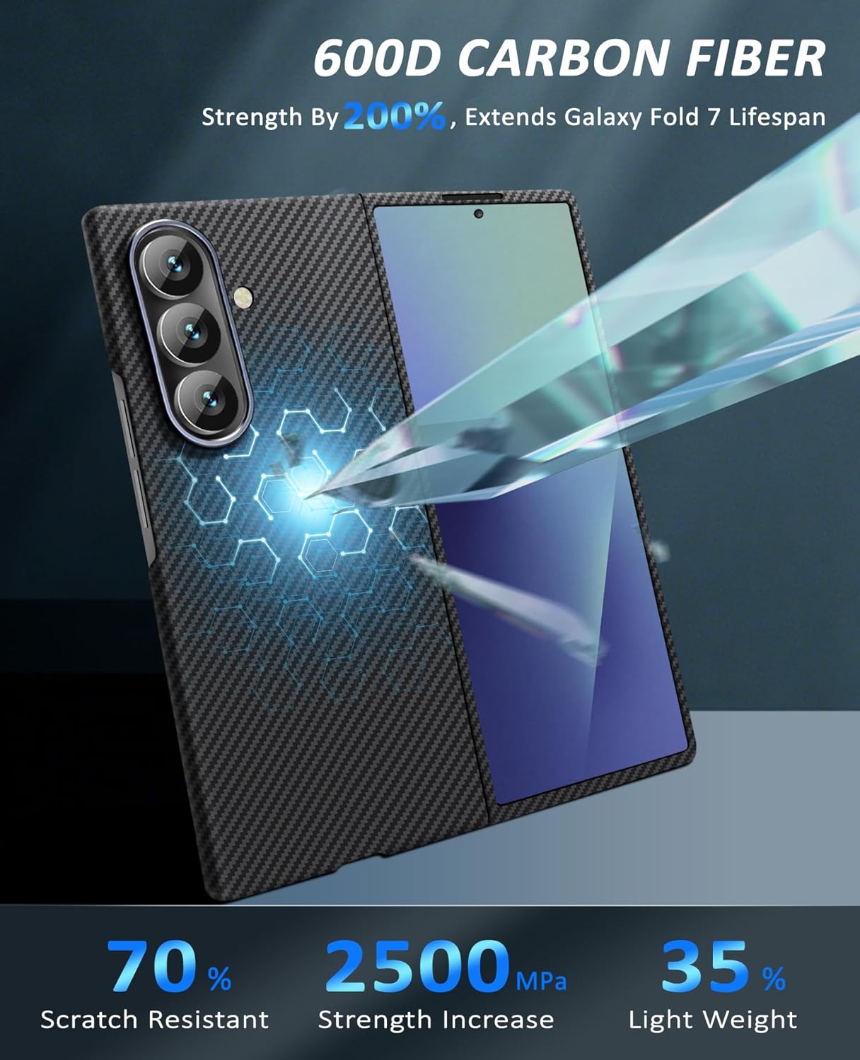 Samsung Galaxy Z Fold7 0.5mm Ultra Thin Carbon Fiber 600D Cover with Metal Camera Protection - Black