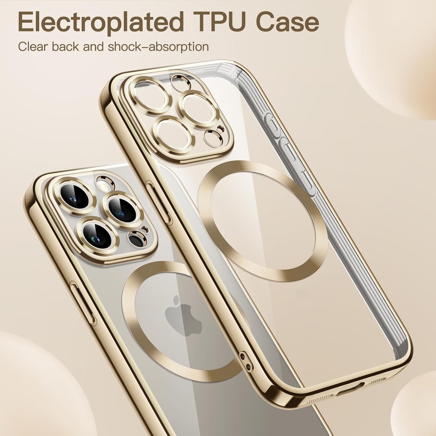 iPhone 15 Pro Max Logo View Electroplating MagSafe Case with Camera Protection - Gold