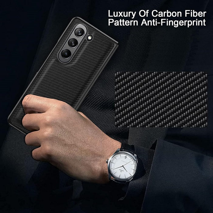 Samsung Galaxy Z Fold 5 Leather Carbon Fiber Slim Fit Case With Front Glass- Black