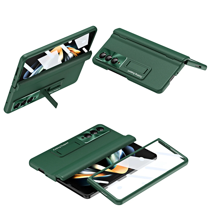 Samsung Galaxy Z Fold 4 Leather Folding Full Body Hinge Protection With Shockproof Kickstand Case- Green