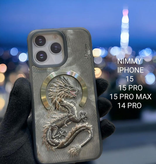 iPhone 15 Nimmy Fantasy Animal Series 3D Embroidered Dragon Leather Magsafe Case- Grey