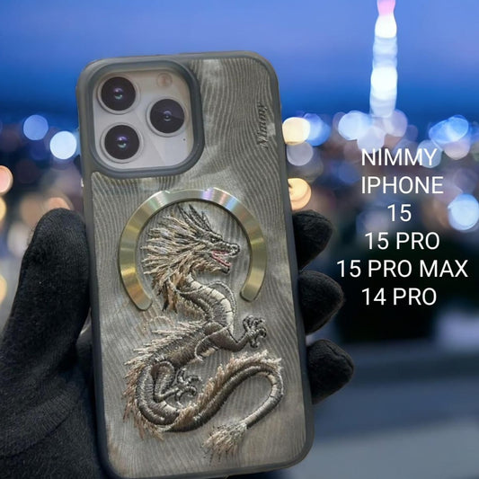 iPhone 15 Nimmy Fantasy Animal Series 3D Embroidered Dragon Leather Magsafe Case- Grey