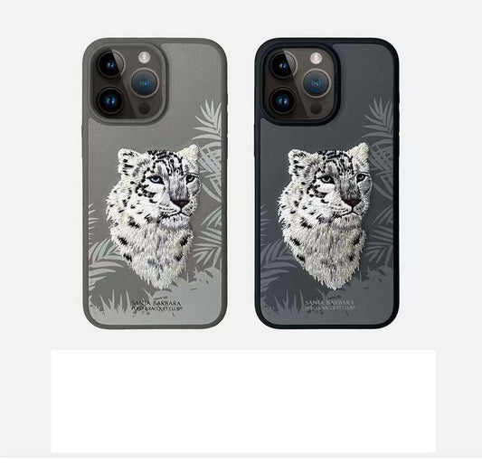 iPhone 15 Pro Santa Barbara Snow Leopard Embroidery Case Cover - Grey/Black