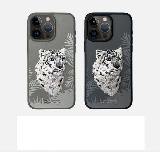 iPhone 15 Santa Barbara Snow Leopard Embroidery Case Cover - Grey/Black