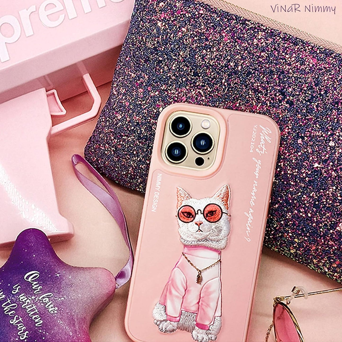 iPhone 15 Pro Nimmy 3D Embroided Cat - Pink