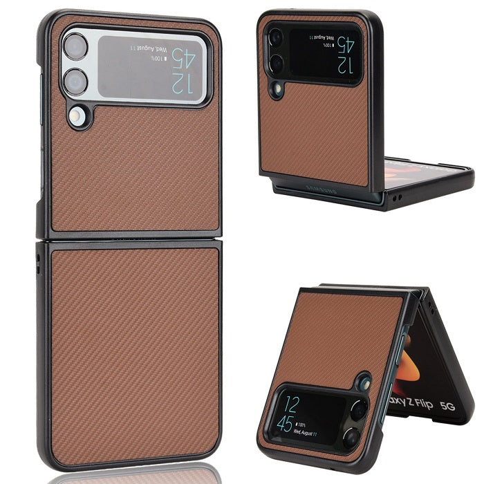 Samsung Galaxy Z Flip 4 Leather Carbon Fiber Slim Fit Case- Brown