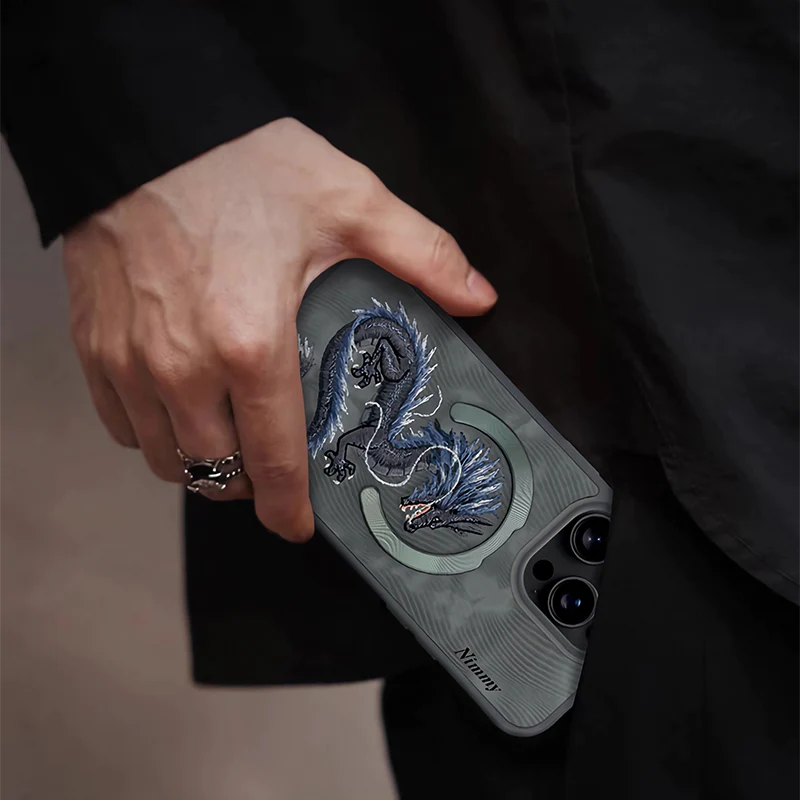 iPhone 14 Pro Nimmy Fantasy Animal Series 3D Embroidered Dragon Leather Magsafe Case - Grey