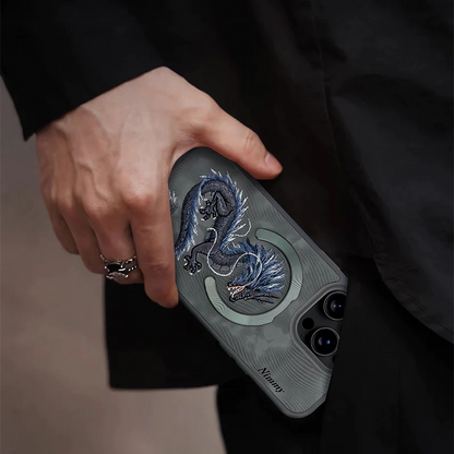 iPhone 14 Pro Nimmy Fantasy Animal Series 3D Embroidered Dragon Leather Magsafe Case - Grey