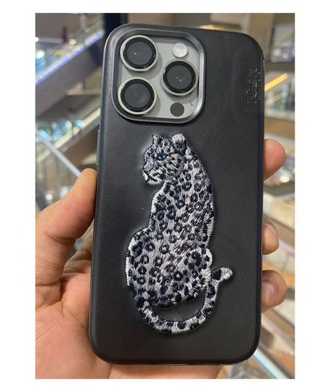 iPhone 14 Luxury 3D Embroidery Animal Series Original Leather Case / Leopard Black
