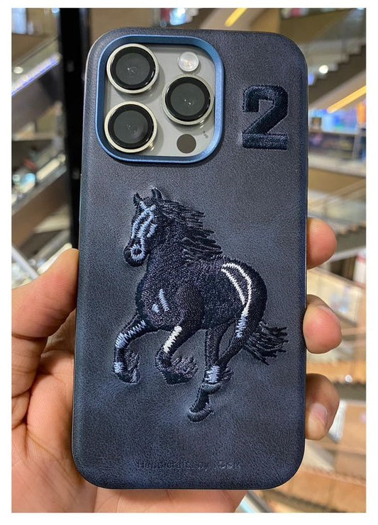 iPhone 14 Luxury 3D Embroidery Animal Series Original Leather Case / Horse Blue