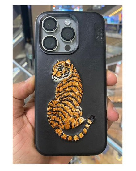 iPhone 15 3D Embroidery Animal Series Original Leather Case / Leopard Grey