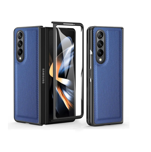 Samsung Galaxy Z Fold 4 Leather Carbon Fiber Slim Fit Case With Front Glass- Blue