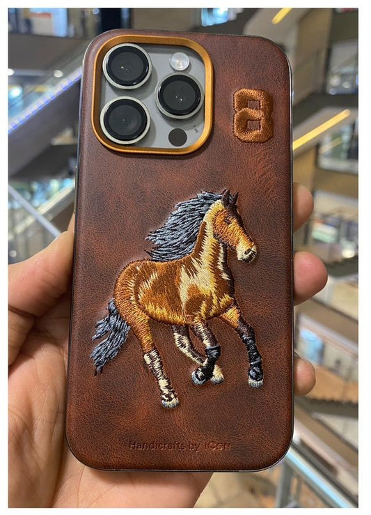 iPhone 14 Luxury 3D Embroidery Animal Series Original Leather Case / Horse Brown