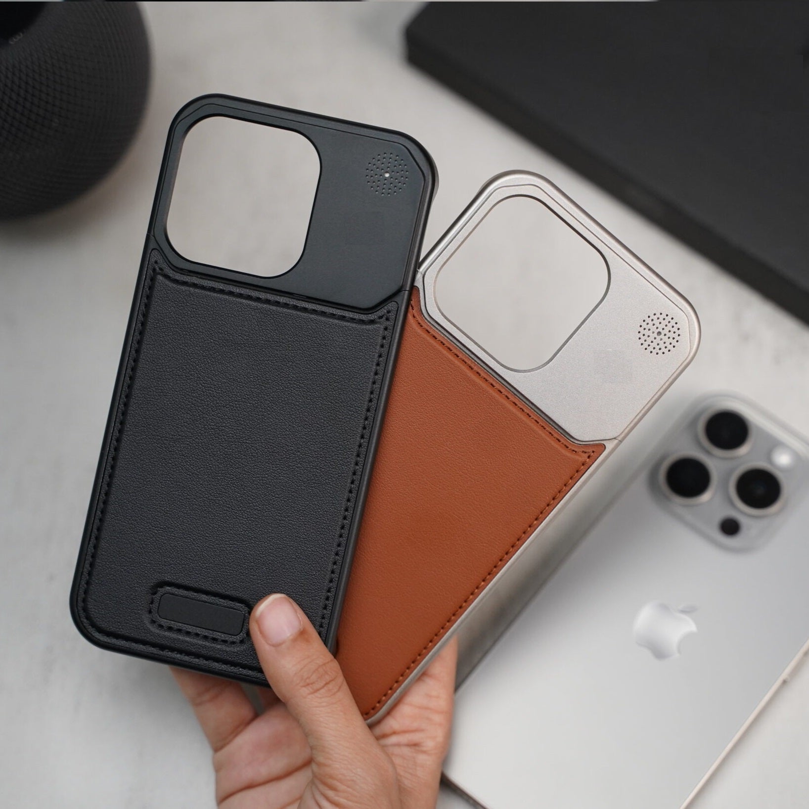 iPhone 15 Pro Max Super Slim AeroFLex Metal Frame Vegan Leather Case with Magsafe - Titanium Grey