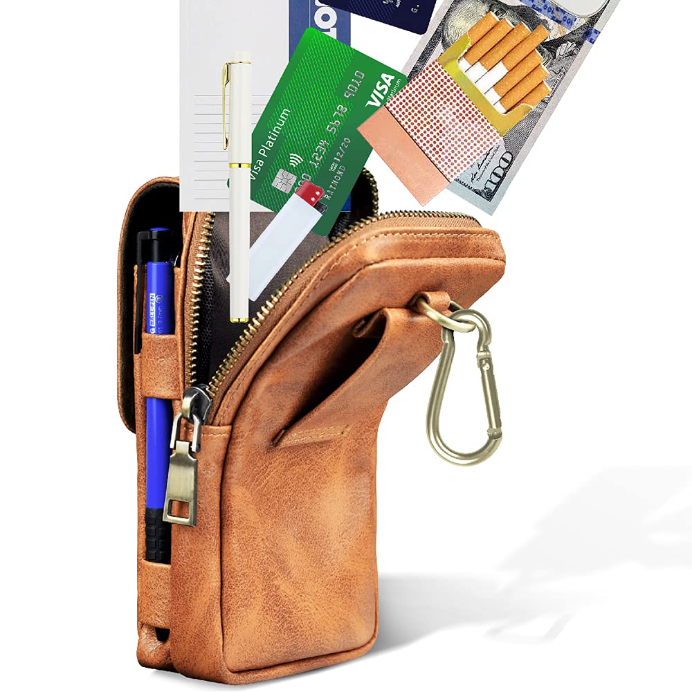 Puloka Multipurpose Phone Pouch - Vegan Leather - Portable Travel Holster Bag with Waist Belt - Brown