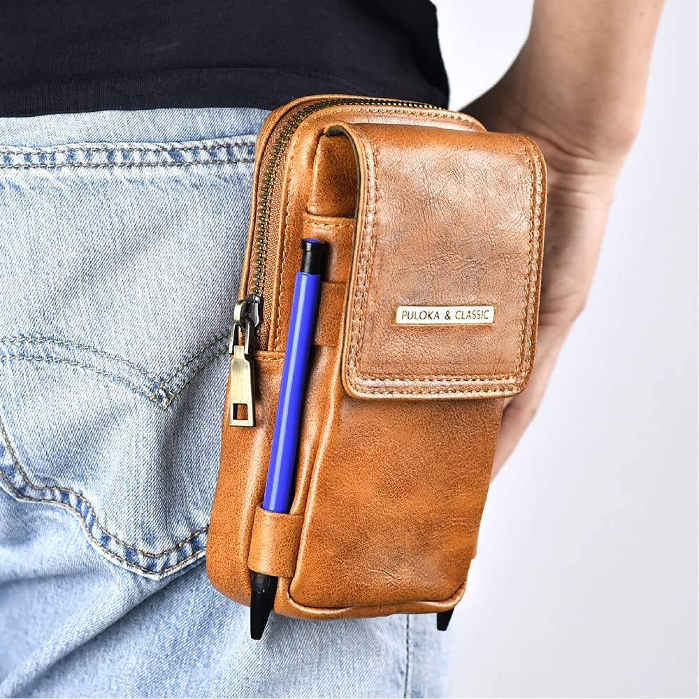 Puloka Multipurpose Phone Pouch - Vegan Leather - Portable Travel Holster Bag with Waist Belt - Brown