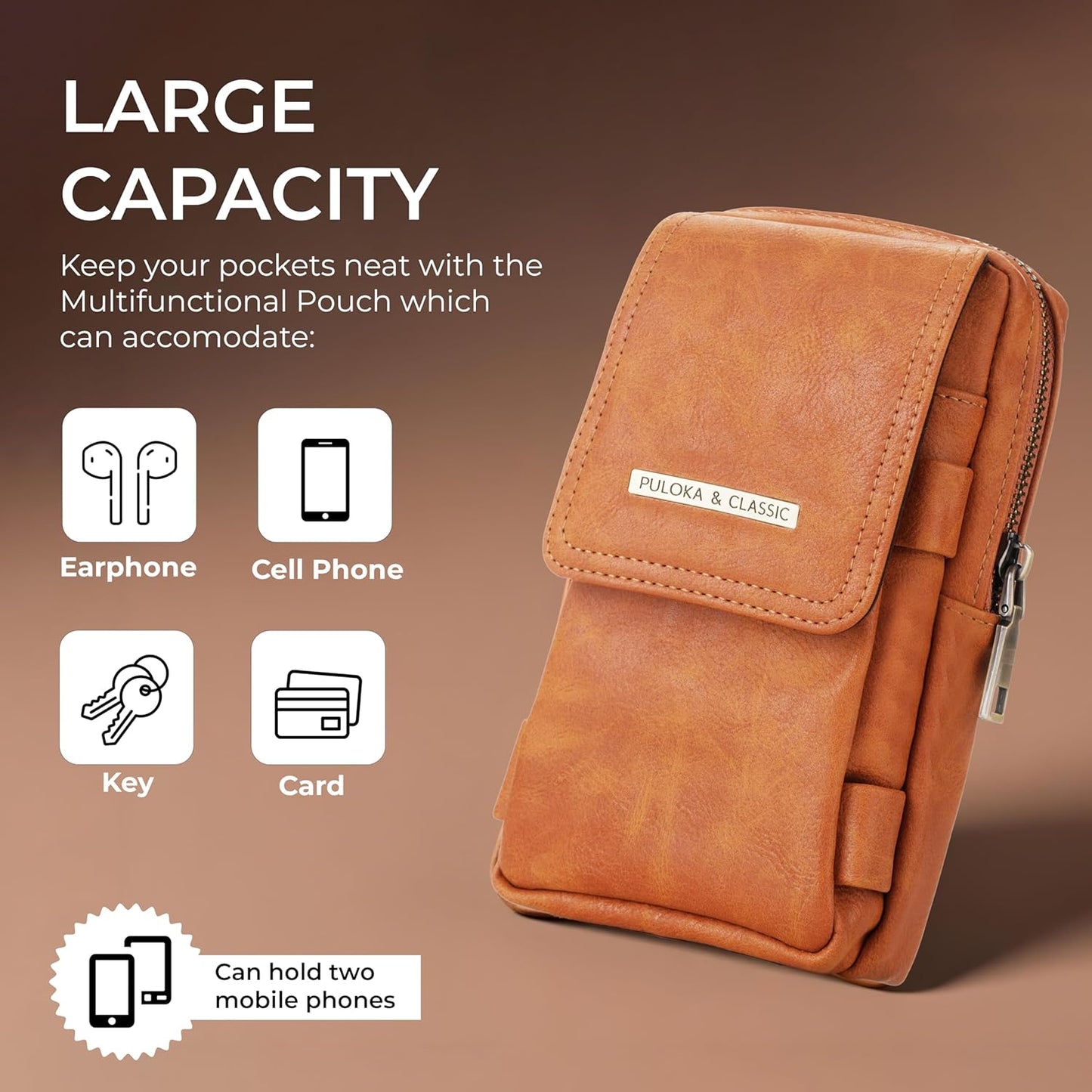 Puloka Multipurpose Phone Pouch - Vegan Leather - Portable Travel Holster Bag with Waist Belt - Brown