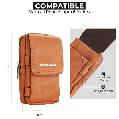 Puloka Multipurpose Phone Pouch - Vegan Leather - Portable Travel Holster Bag with Waist Belt - Brown