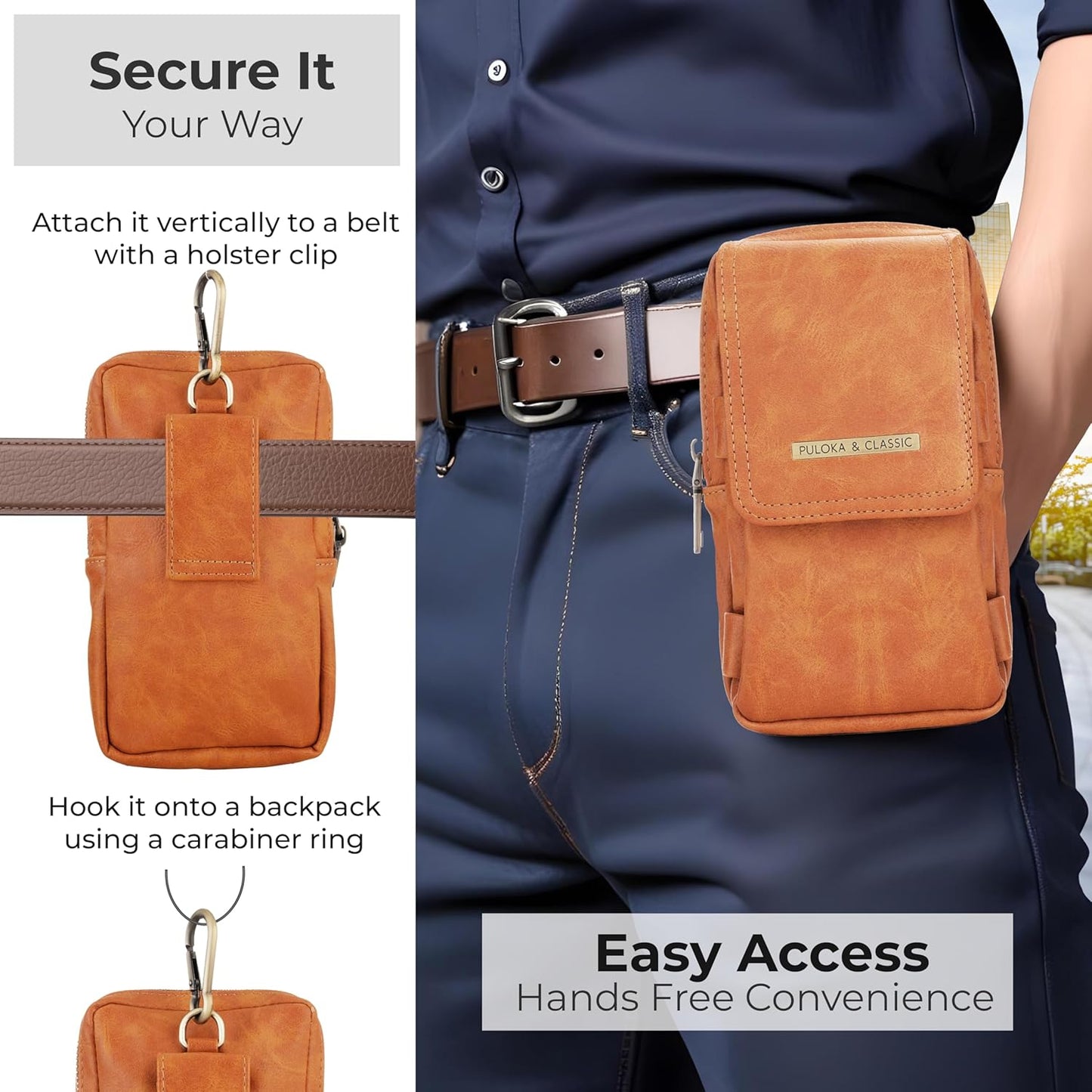 Puloka Multipurpose Phone Pouch - Vegan Leather - Portable Travel Holster Bag with Waist Belt - Brown
