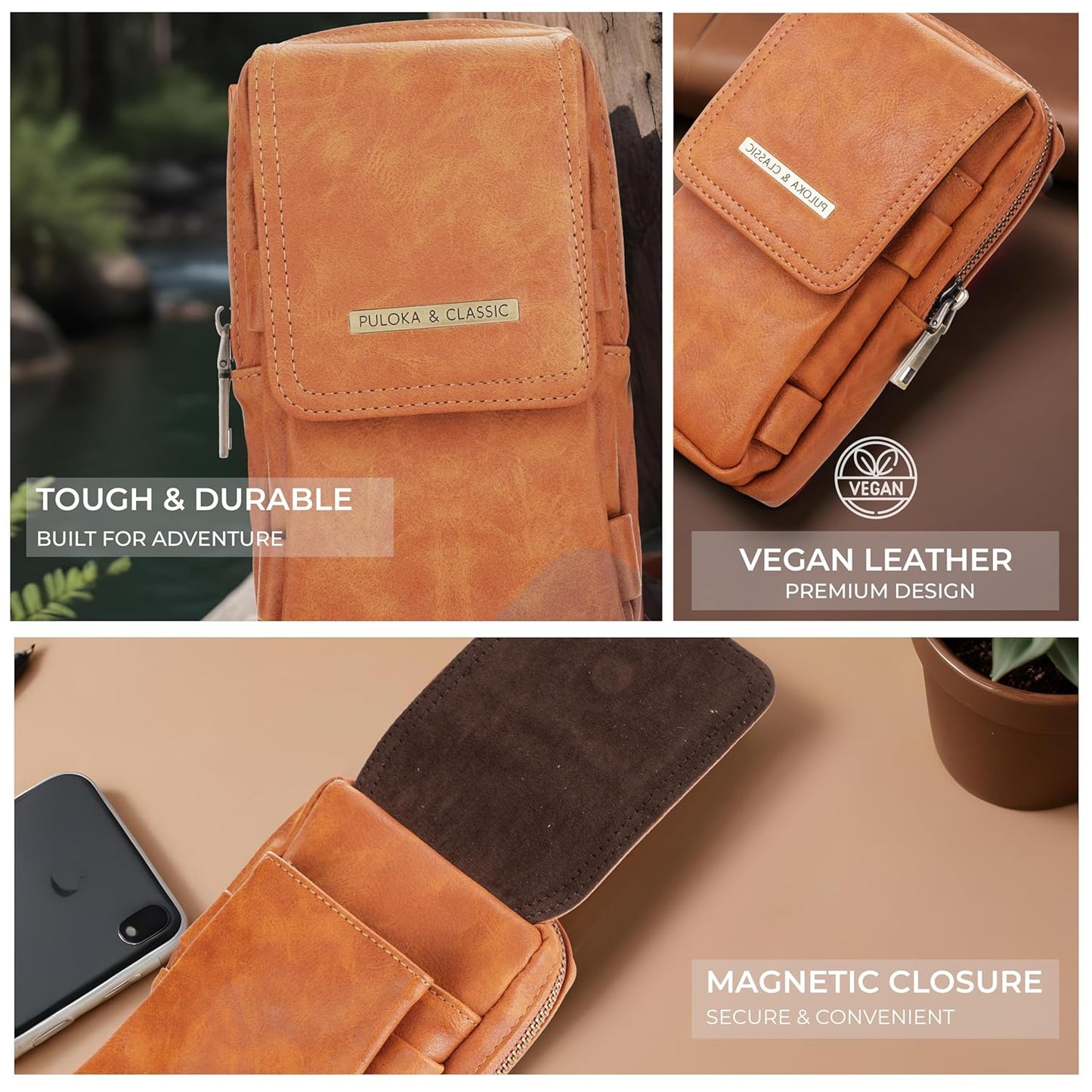 Puloka Multipurpose Phone Pouch - Vegan Leather - Portable Travel Holster Bag with Waist Belt - Brown