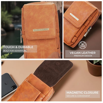 Puloka Multipurpose Phone Pouch - Vegan Leather - Portable Travel Holster Bag with Waist Belt - Brown