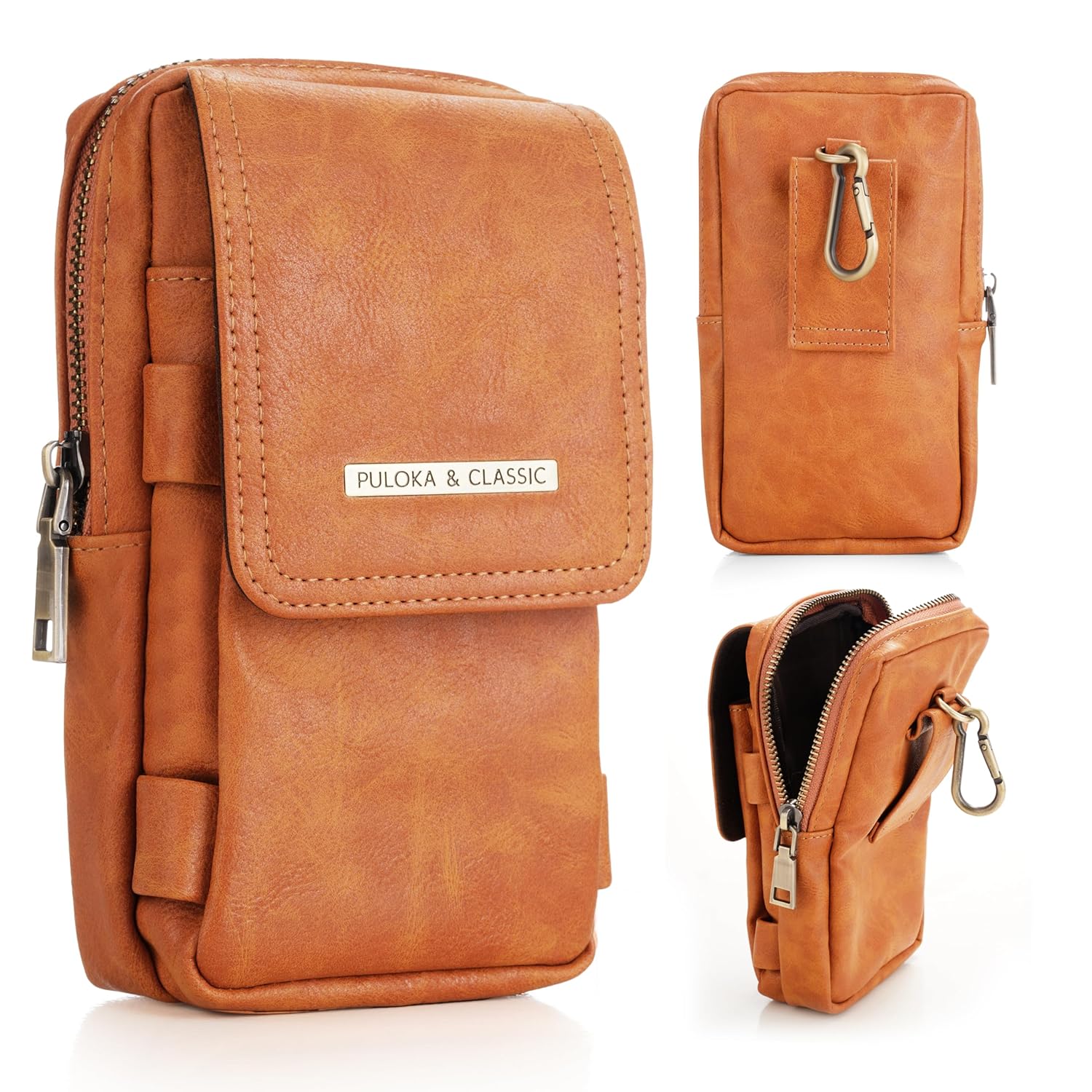 Puloka Multipurpose Phone Pouch - Vegan Leather - Portable Travel Holster Bag with Waist Belt - Brown
