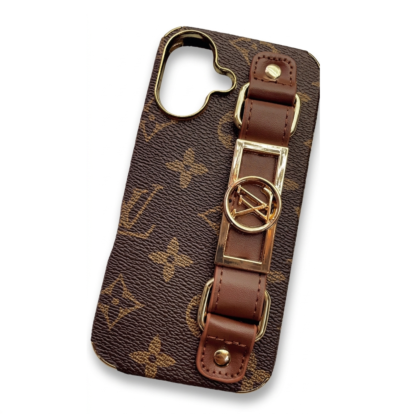 iPhone 17 Luxurious Premium Louis Vuitton Leather Case with Belt - Brown