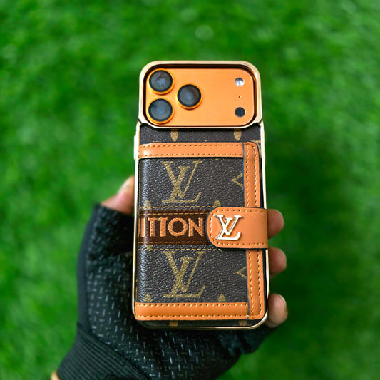 iPhone 17 Pro Max Luxurious Electroplating LV Leather Case with Card Holder Wallet