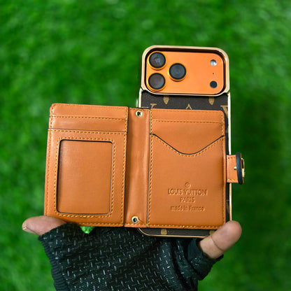 iPhone 17 Pro Max Luxurious Electroplating LV Leather Case with Card Holder Wallet