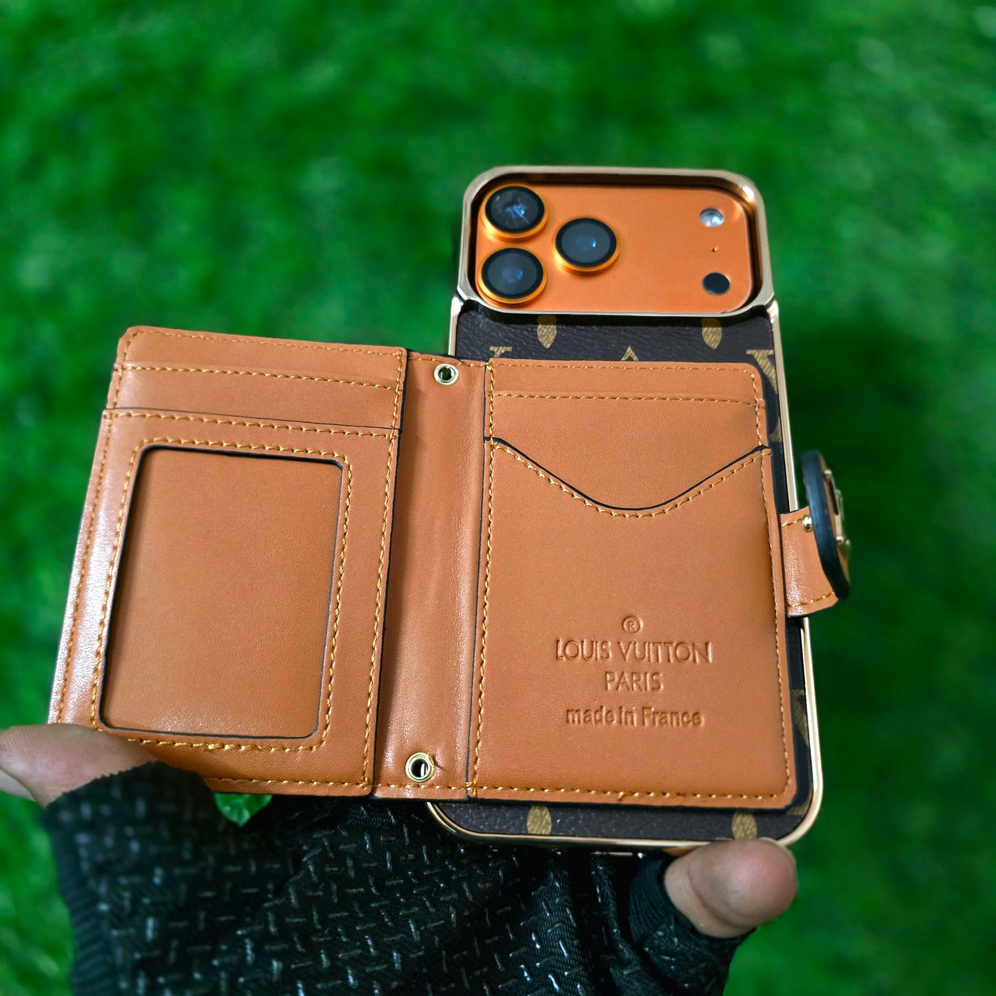 iPhone 17 Pro Max Luxurious Electroplating LV Leather Case with Card Holder Wallet