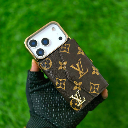 iPhone 17 Pro Max Luxurious Electroplating LV Leather Case with Wallet Card Holder