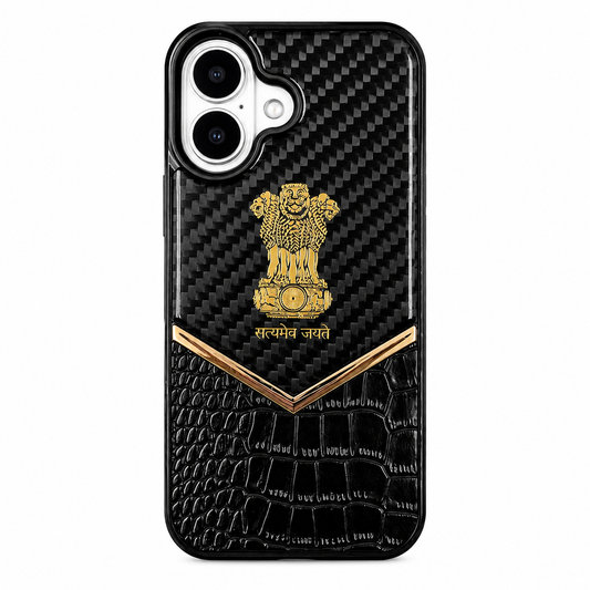 iPhone 17 "Satyamev Jayate" Crock & Carbon Pattern Printed Logo Case
