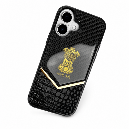 iPhone 17 "Satyamev Jayate" Crock & Carbon Pattern Printed Logo Case