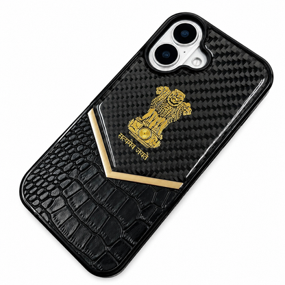 iPhone 17 "Satyamev Jayate" Crock & Carbon Pattern Printed Logo Case