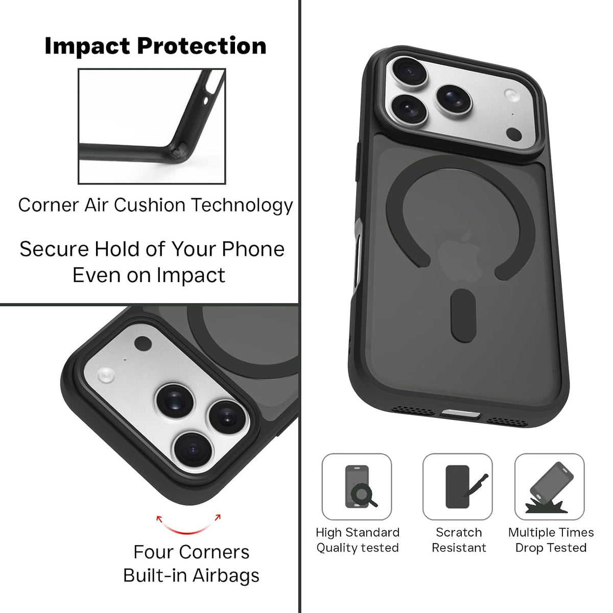 iPhone 18 Pro Shockproof Soft TPU Semi-Transparent Matte Finish Smoky Texture Cover with Magsafe - Black
