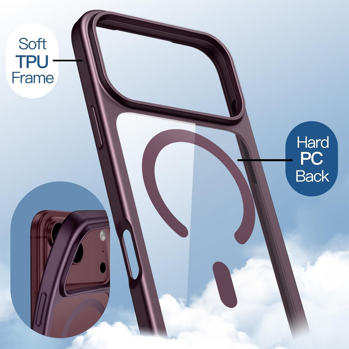 iPhone 18 Pro Max Crystal Clear Soft TPU Anti-Yellowing Back Shockproof Case with Magsafe - Wine